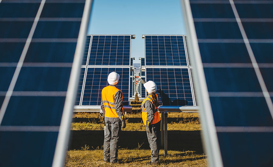 two engineers looking at solar panels